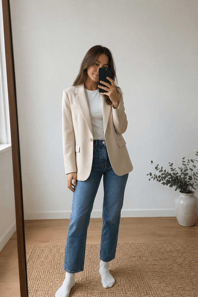 AI outfit preview of a beige blazer and blue jeans