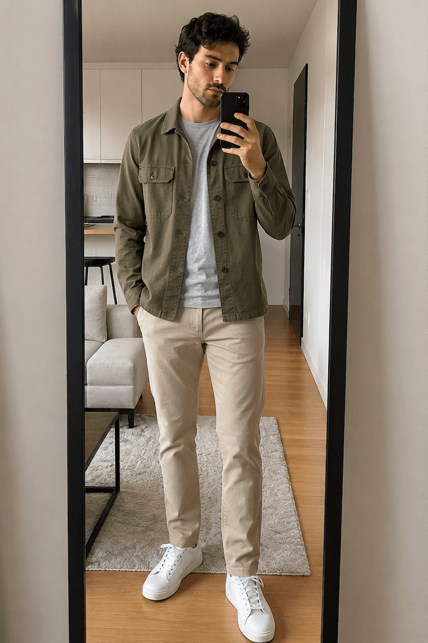 AI outfit preview of an olive overshirt and beige chinos