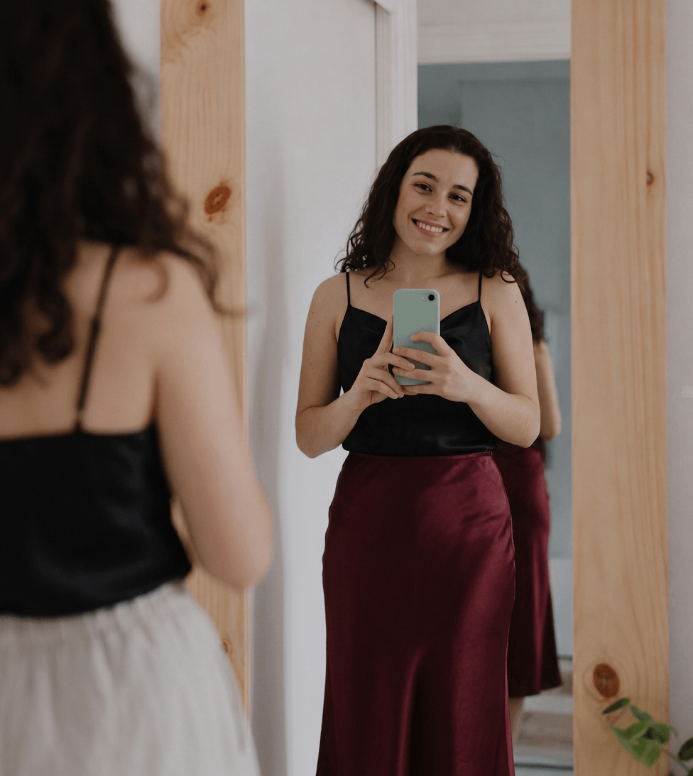Same person · Black Camisole + Burgundy Skirt